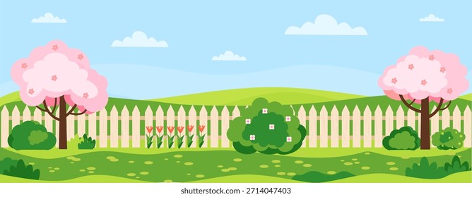 Spring landscape with blossom trees. Horizontal banner with garden landscape at spring time. Trees, bushes, grass, tulips. Vector illustration.