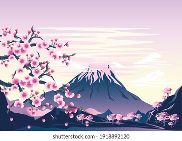 Paisaje primaveral con una rama de cerezo floreciente, un volcán cubierto de nieve contra el fondo de un cielo de vainilla en colores pastel. Ilustración vectorial.