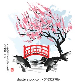 Spring landscape with the blossoming Oriental cherry tree, a stream and a red bridge. Hand-drawn sketch. Vector illustration.