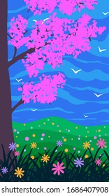  Paisaje de primavera. Árbol floreciente y flores en la pradera. Ilustración vertical abstracta plana vectorial.