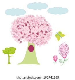 Spring landscape with blossoming tree, rose, butterfly, clouds