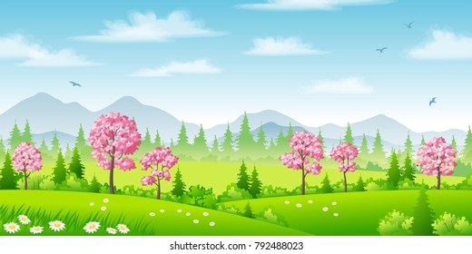 Spring landscape with blossoming trees