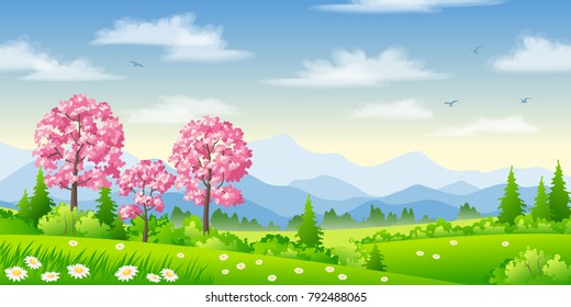 Spring landscape with blossoming trees