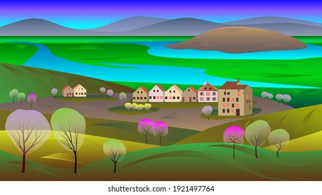 Spring landscape with blossoming trees, valley, river, houses, green hills, mountains. Vector illustration.