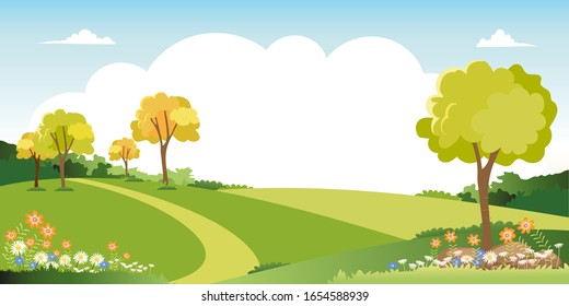 Spring landscape with blue sky and clouds,Panorama Green fields with copy space, fresh and peaceful rural nature in springtime with green grass land. Cartoon vector illustration for kids banner