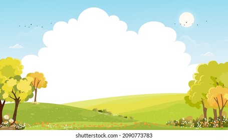 Frühlingslandschaft mit blauem Himmel und Wolken, Panorama Grüne Felder mit Kopienraum, frische und friedliche ländliche Natur im Frühling mit grünem Grasland. Cartoon Vektorgrafik Sommer für Kinderbanner