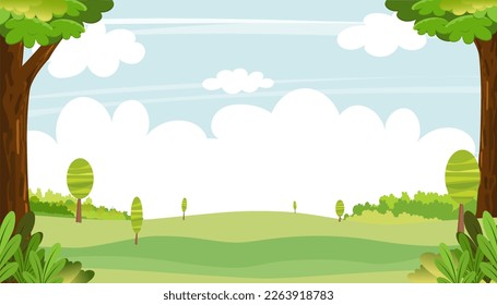 Paisaje primaveral con cielo azul y nubes, campos verdes Panorama con espacio fotográfico, naturaleza rural fresca y pacífica en primavera con hierba verde. Ilustración vectorial de caricatura Banner de verano para niños