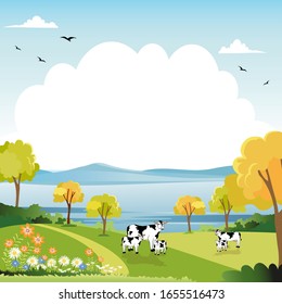 Spring landscape with blue sky and clouds,Panoramic Green fields by the lake, fresh and peaceful rural nature in springtime with green grass land. Cartoon vector illustration for kids banner banner