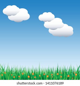 Spring landscape, blue sky and meadow grass