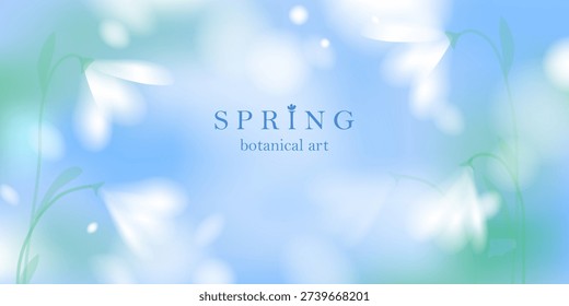Spring landscape blurred background. White elegant soft flowers. Blue sky, green grass. Natural fresh mood.