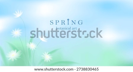 Spring landscape blurred background. White elegant soft flowers. Blue sky, green grass. Calm and Fresh natural backdrop.