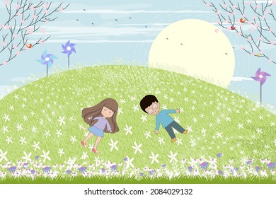 Spring landscape with boy and girl lying on green field on sunny day,Vector Cartoon Happy children relaxing and having fun outdoor on spring or summer in countryside with blue sky and clouds