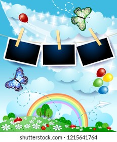 Spring landscape with butterflies and photo frames. Vector illustration eps10
