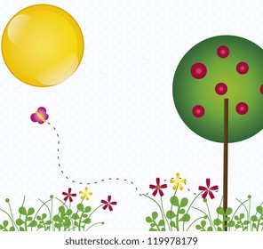 spring landscape with butterflies vintage background, vector illustration