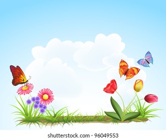  spring landscape with butterfly and flower
