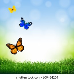 Spring Landscape With Butterfly With Gradient Mesh, Vector Illustration