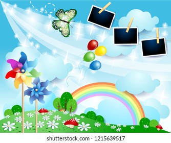 Spring landscape with butterfly, pinwheels and photo frames. Vector illustration eps10