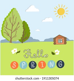 Paisaje primaveral al estilo caricaturista con árboles, sol, nubes, casa, flores y la inscripción Hola Primavera. Ilustración vectorial dibujada a mano.