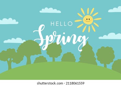 Frühlingslandschaft im Cartoon-Stil mit Bäumen, Sonne, Wolken und der Inschrift Hallo Frühling. Handgezeichnete Vektorgrafik.