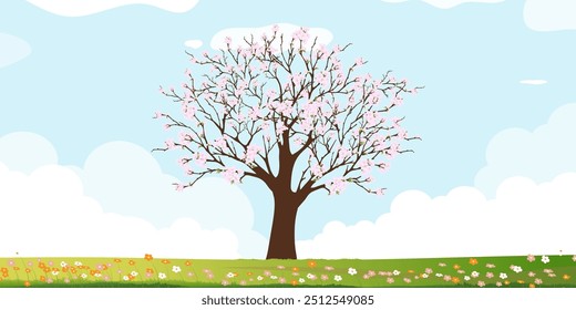 Paisaje de la primavera con la flor del árbol de cerezo en parque, historieta de la Ilustración vectorial con el prado verde de la hierba en colinas, cielo azul de la nube, Naturaleza del Anuncio Campo del césped de la granja que florece en el jardín en aldea en verano