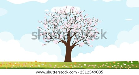 Spring landscape with Cheery tree flower in park,Vector illustration cartoon with green grass meadow on hills,cloud blue sky,Banner Nature Farm lawn field blooming in garden at village in summer