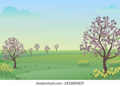 Spring landscape Cherry blossom trees daffodils green field meadow  sunrise sky Vector illustration 3D background 