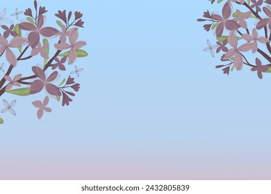 Spring landscape Cherry blossom trees daffodils green field meadow  sunrise sky Vector illustration 3D background 
