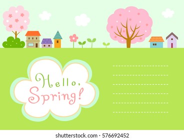 Spring landscape with cherry blossom trees and village.