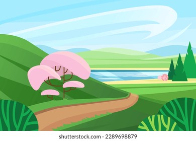 Spring landscape with cherry blossoms and green grass meadows on hills vector illustration. Cartoon scene with beautiful sakura tree, forest and fields, road to lake