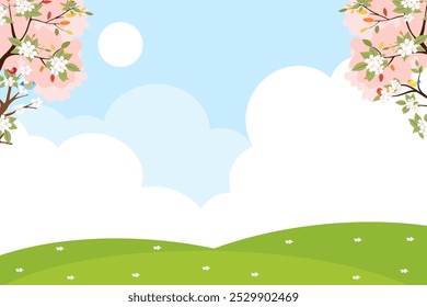 Paisaje de la primavera con la flor del cerezo, árbol en la nube blanca, jardín azul de la historieta de la Ilustración vectorial del fondo del cielo con el prado verde de la hierba en colinas en parque, Anuncio lindo de la Pascua de la Naturaleza con la flor