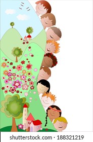 spring landscape with children