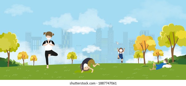 Spring landscape with Children wearing medical face mask having fun, boy sleeping with cat under the tree, kids doing yoga. Morning City new normal lifestyle of Children enjoying in city park