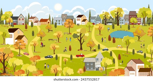 Spring landscape in city with happy people walking at the park,Vector illustration cartoon Summer season in the town with green foliage,Peaceful panorama natural in the town