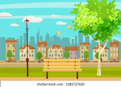 Spring landscape city park. Bench in outdoor. Birds singing. Blue sky. Bright juicy colors. Vector, illustration, isolated. Cartoon style