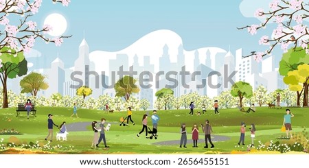 Spring landscape if city park with cityscape and lifestyle of people relaxing in nature park,Vector Modern city blue sky cloud in sunny day Spring or Summer for Ecology Environment background