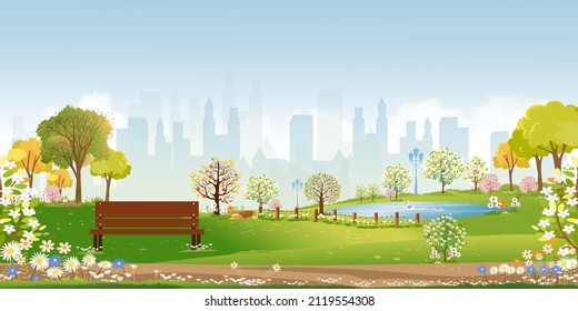 Frühlingslandschaft im Stadtpark am Morgen, natürlicher öffentlicher Park mit Blumen blüht im Garten, friedliche Landschaft von Grünflächen mit unscharfem Stadtbild, bewölkt und sonnige Sommer