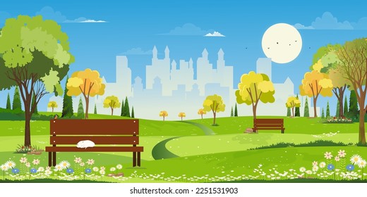 Spring landscape at City park,Natural public park with flowers blooming in the garden,Vector Horizon scene of green fields and Cityscape building with blue sky in sunny day Summer at urban Park