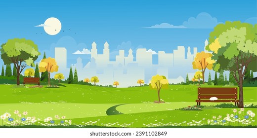Spring landscape at City park,Natural public park with flowers blooming in the garden,Vector Horizon scene of green fields and Cityscape building with blue sky in sunny day Summer at urban Park