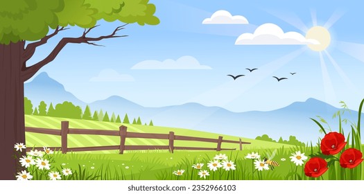 Spring landscape concept. Beautiful natural panorama with fence and tree. Spring and summer day scene. Lawn with red and white flowers. Poster or banner. Cartoon flat vector illustration