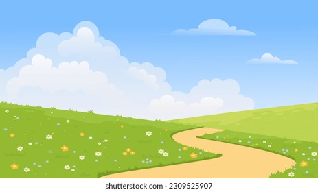 Spring landscape concept. Beautiful road next to meadow with flowers. Summer season panorama. Background and cover. Wildlife area and reservation. Cartoon flat vector illustration