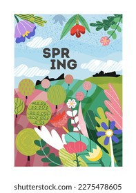 Spring landscape concept. Blooming flowers, plants and trees. Nature and floristry, botany. Design element for invitation and greeting postcard. Cartoon flat vector illustration