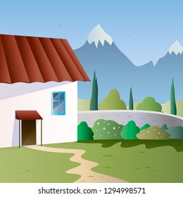 Spring landscape with cottage on mountain background. Vector illustration.