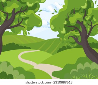Spring landscape, country road and trees in the fields and meadows on the background of the sky and the sun. Illustration, poster, vector	
