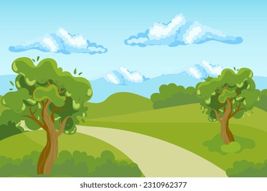 Spring landscape, country road and trees in the fields and meadows on the background of the sky and the sun. Illustration, poster, vector	
