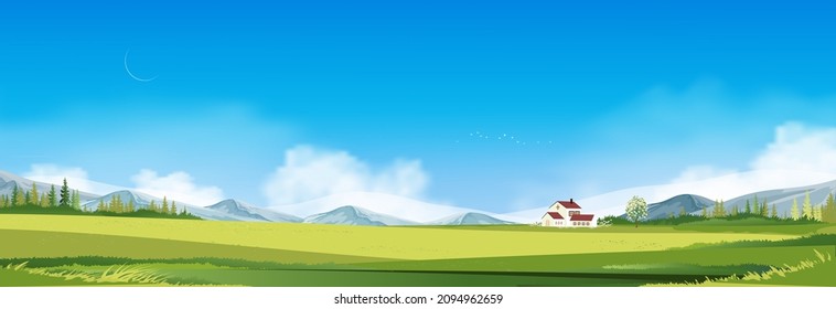 Spring landscape in countryside with farmhouse, green meadow on hills, blue sky and clouds,Vector cartoon Summer or Spring,Panoramic village with grass field and wildflower, Holiday natural background