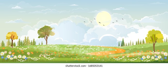 Spring landscape in countryside with green meadow on hills with blue sky, Vector Summer or Spring landscape, Panoramic village with grass field and wildflowers, Holiday natural background