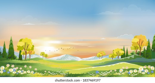 Spring landscape in countryside with green meadow on hills, orange and blue sky, Vector cartoon Summer or Spring landscape,Panoramic village with grass field and wildflower, Holiday natural background