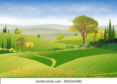 Spring landscape in countryside with green meadow on hills, clouds and blue sky,Vector beautiful Summer fields landscape,Panoramic cartoon village with grass field and wildflower, natural background