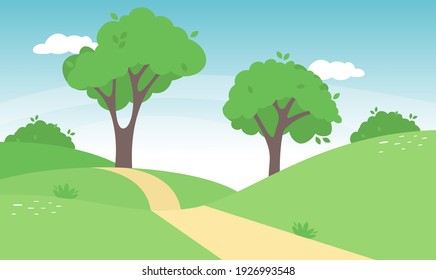 Spring landscape in countryside with green meadow on hills and blue sky, Vector cartoon Summer or Spring landscape, Panoramic grass field and wildflower, Holiday natural background