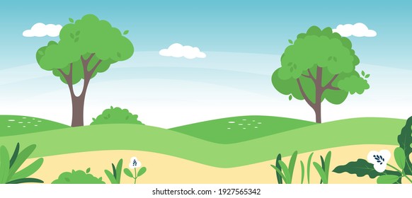 Spring landscape in countryside with green meadow on hills and blue sky, Vector cartoon Summer or Spring landscape, Panoramic grass field and wildflower, Holiday natural background